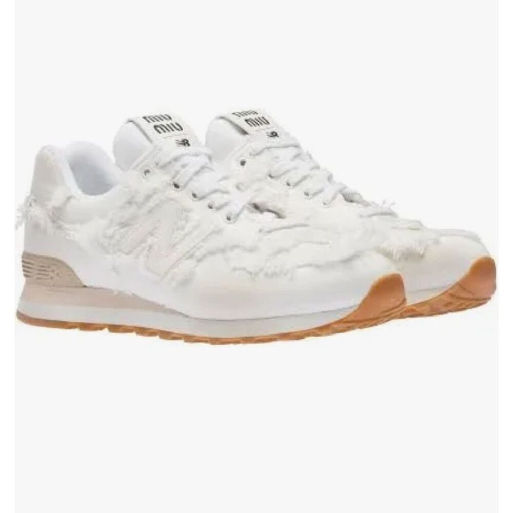 AUTHENTIC Miu Miu New Balance 574 White Freyed Corduroy Sneakers Womens Size 9